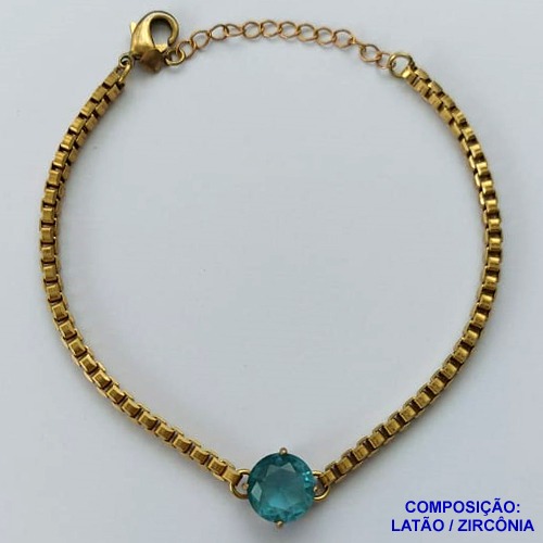 PULSEIRA NO BRUTO PRONTO PARA O BANHO - PULSEIRA QUADRADINHA 2MM - TAMANHO: 18CM + EXTENSOR COM PINGENTE EM ZIRCÔNIA REDONDA AZUL 10MM - PESO TOTAL 7,0GR - BRU13890