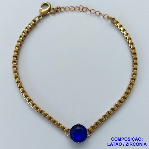 PULSEIRA NO BRUTO PRONTO PARA O BANHO - PULSEIRA QUADRADINHA 2MM - TAMANHO: 18CM + EXTENSOR COM PINGENTE EM ZIRCÔNIA REDONDA AZUL ESCURO 10MM - PESO TOTAL 7,0GR - BRU13891