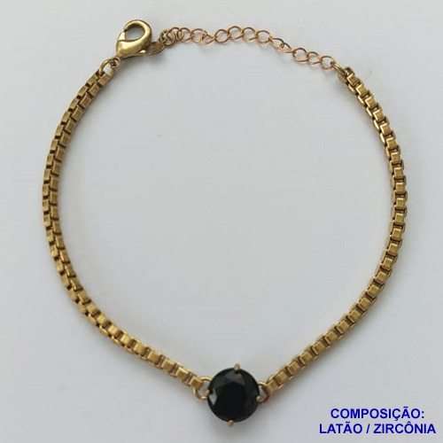 PULSEIRA NO BRUTO PRONTO PARA O BANHO - PULSEIRA QUADRADINHA 2MM - TAMANHO: 18CM + EXTENSOR COM PINGENTE EM ZIRCÔNIA REDONDA PRETA 10MM - PESO TOTAL 7,0GR - BRU13894