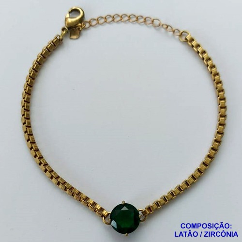 PULSEIRA NO BRUTO PRONTO PARA O BANHO - PULSEIRA QUADRADINHA 2MM - TAMANHO: 18CM + EXTENSOR COM PINGENTE EM ZIRCÔNIA REDONDA VERDE 10MM - PESO TOTAL 7,0GR - BRU13899
