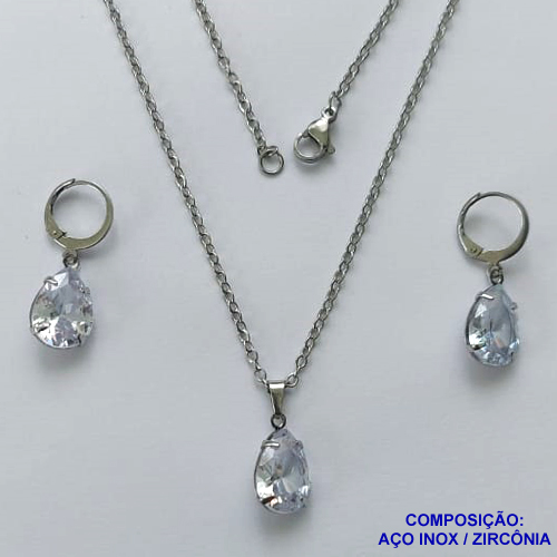 CONJUNTO EM AÇO INOXIDÁVEL - (AÇO03) CONJUNTO COM CORRENTE 50CM E BRINCOS ARGOLAS DE PRESSÃO COM PINGENTES EM ZIRCÔNIAS CRISTAIS 10X14MM - COMPOSIÇÃO: AÇO INOXIDÁVEL - AÇO1636