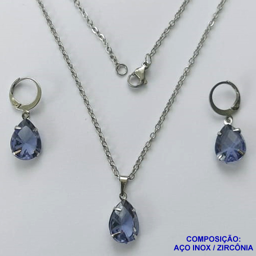 CONJUNTO EM AÇO INOXIDÁVEL - (AÇO03) CONJUNTO COM CORRENTE 50CM E BRINCOS ARGOLAS DE PRESSÃO COM PINGENTES EM ZIRCÔNIAS LILÁS 10X14MM - COMPOSIÇÃO: AÇO INOXIDÁVEL - AÇO1637