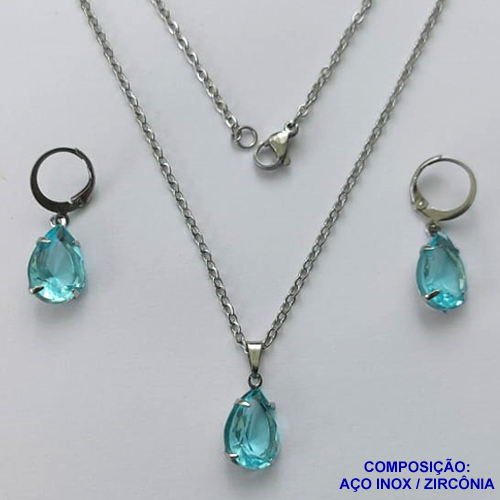 CONJUNTO EM AÇO INOXIDÁVEL - (AÇO03) CONJUNTO COM CORRENTE 50CM E BRINCOS ARGOLAS DE PRESSÃO COM PINGENTES EM ZIRCÔNIAS AZUIS 10X14MM - COMPOSIÇÃO: AÇO INOXIDÁVEL - AÇO1639