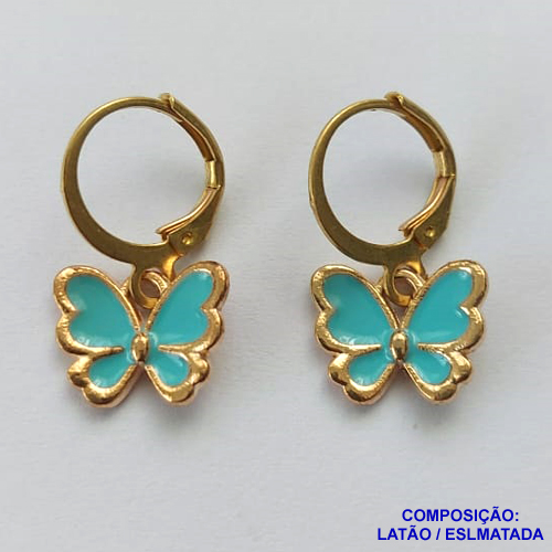 BRINCO NO BRUTO PRONTO PARA O BANHO - (CX100) BRINCO ARGOLINHA DE PRESSÃO (TRANQUETA) BORBOLETA ESMALTADA AZUL 10X12MM - PESO TOTAL 1,4GR - BRU13910
