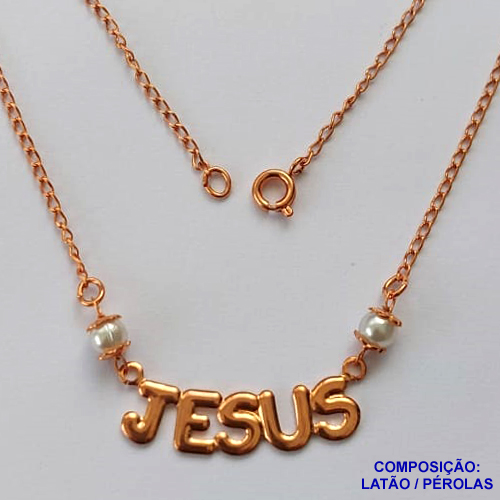SHOCKER NO BRUTO PRONTO PARA O BANHO - (CX100) SHOCKER COM CORRENTE 45CM COM PINGENTE PÉROLAS COM PALAVRA JESUS 10X31MM - PESO TOTAL 3,1GR - BRU13912