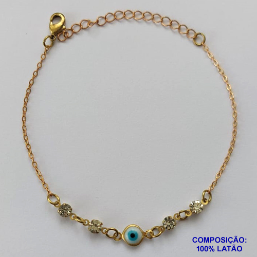 PULSEIRA NO BRUTO PRONTO PARA O BANHO - (CX100) PULSEIRA COM OLHO GREGO E STRASS 18CM + EXTENSOR - PESO TOTAL 2GR - BRU13914