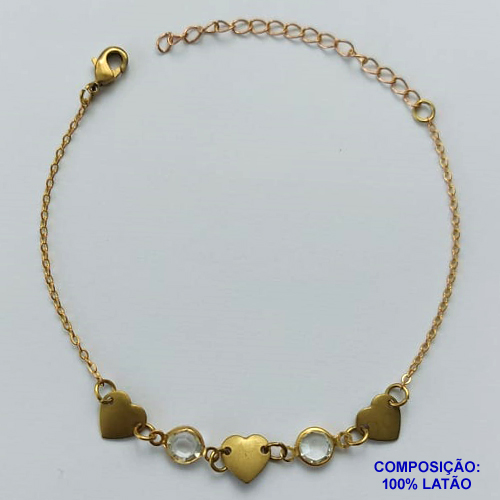 PULSEIRA NO BRUTO PRONTO PARA O BANHO - (CX100) PULSEIRA COM CORAÇÕES E STRASS 18CM + EXTENSOR - PESO TOTAL 2,3GR - BRU13915