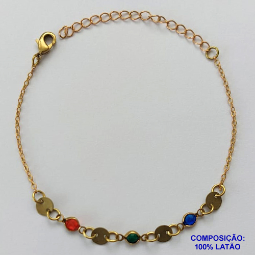 PULSEIRA NO BRUTO PRONTO PARA O BANHO - (CX100) PULSEIRA COM STRASS COLORIDOS 18CM + EXTENSOR - PESO TOTAL 2,1GR - BRU13916