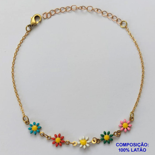 PULSEIRA NO BRUTO PRONTO PARA O BANHO - (CX100) PULSEIRA COM FLORES COLORIDAS 18CM + EXTENSOR - PESO TOTAL 2GR - BRU13917