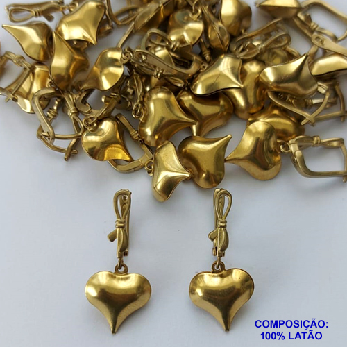 BRINCO NO BRUTO PRONTO PARA O BANHO - (CX100) BRINCO COM BASE TODA TRABALHA E PINGENTE CORAÇÃO LISO DUPLO 14MM - PESO TOTAL 2,6GR - BRU13918