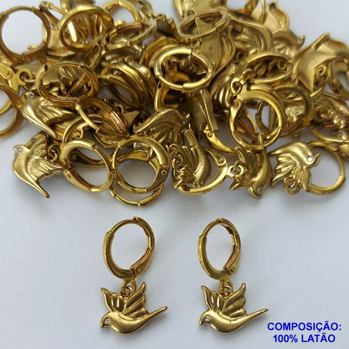 BRINCO NO BRUTO PRONTA PARA O BANHO - (CX100) BRINCO ARGOLINHA DE PRESSÃO (TRANQUETA) PÁSSARO COM ZIRCÔNIA 9X13MM - PESO 2,4GR - BRU13924