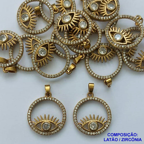 PINGENTE NO BRUTO PRONTA PARA O BANHO - (CX100) PINGENTE OLHO GREGO VAZADO CRAVEJADO EM MICROS ZIRCÔNIAS 20MM - PESO 2GR - BRU13925