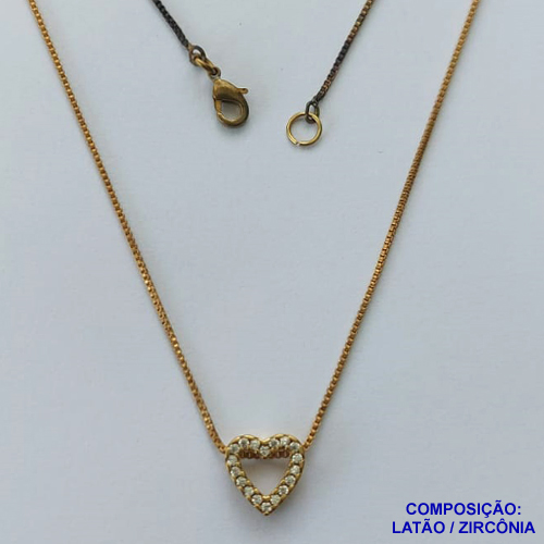 GARGANTILHA NO BRUTO PRONTA PARA O BANHO - (CX100) GARGANTILHA COM CORRENTE VENEZIANA 45CM E PINGENTE CORAÇÃO VAZADO CRAVEJADO EM MICROS ZIRCÔNIAS 9MM - PESO 2,8GR - BRU13926