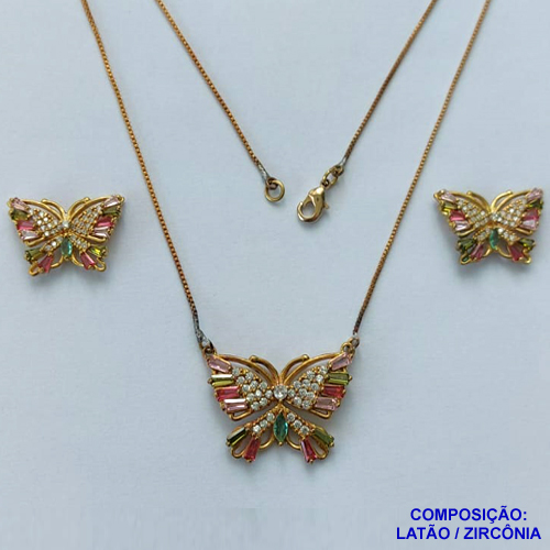 CONJUNTO NO BRUTO PRONTA PARA O BANHO - (CX100) CONJUNTO COM CORRENTE VENEZIANA E BRINCOS DE PINO COM PINGENTES BORBOLETAS CRAVEJADAS EM MICROS ZIRCÔNIAS COLORIDAS 14X20MM - PESO 8,1GR - BRU13927