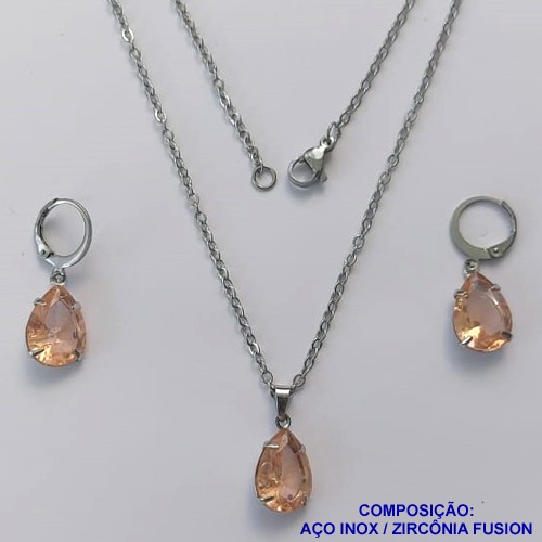 CONJUNTO EM AÇO INOXIDÁVEL - (AÇO03) CONJUNTO COM CORRENTE 50CM E BRINCOS ARGOLAS DE PRESSÃO COM PINGENTES EM ZIRCÔNIAS SALMÃO FUSION 10X14MM - COMPOSIÇÃO: AÇO INOXIDÁVEL - AÇO1641
