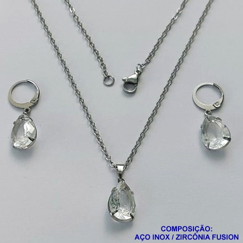 CONJUNTO EM AÇO INOXIDÁVEL - (AÇO03) CONJUNTO COM CORRENTE 50CM E BRINCOS ARGOLAS DE PRESSÃO COM PINGENTES EM ZIRCÔNIAS CRISTAL FUSION 10X14MM - COMPOSIÇÃO: AÇO INOXIDÁVEL - AÇO1642