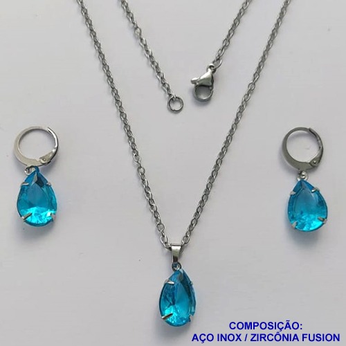 CONJUNTO EM AÇO INOXIDÁVEL - (AÇO03) CONJUNTO COM CORRENTE 50CM E BRINCOS ARGOLAS DE PRESSÃO COM PINGENTES EM ZIRCÔNIAS AZUÍS CLARO FUSION 10X14MM - COMPOSIÇÃO: AÇO INOXIDÁVEL - AÇO1644