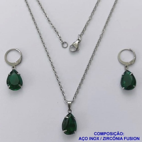 CONJUNTO EM AÇO INOXIDÁVEL - (AÇO03) CONJUNTO COM CORRENTE 50CM E BRINCOS ARGOLAS DE PRESSÃO COM PINGENTES EM ZIRCÔNIAS VERDES ESCUROS FUSION 10X14MM - COMPOSIÇÃO: AÇO INOXIDÁVEL - AÇO1645