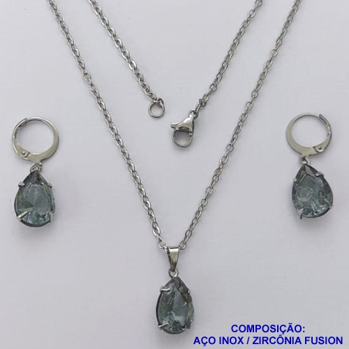 CONJUNTO EM AÇO INOXIDÁVEL - (AÇO03) CONJUNTO COM CORRENTE 50CM E BRINCOS ARGOLAS DE PRESSÃO COM PINGENTES EM ZIRCÔNIAS CINZAS FUSION 10X14MM - COMPOSIÇÃO: AÇO INOXIDÁVEL - AÇO1646