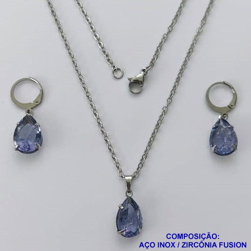CONJUNTO EM AÇO INOXIDÁVEL - (AÇO03) CONJUNTO COM CORRENTE 50CM E BRINCOS ARGOLAS DE PRESSÃO COM PINGENTES EM ZIRCÔNIAS LILÁS FUSION 10X14MM - COMPOSIÇÃO: AÇO INOXIDÁVEL - AÇO1647