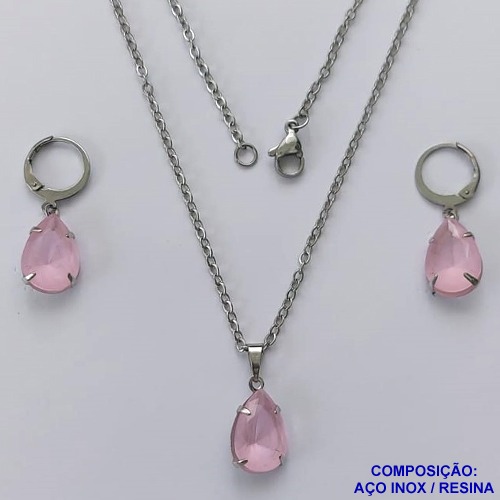 CONJUNTO EM AÇO INOXIDÁVEL - (AÇO03) CONJUNTO COM CORRENTE 50CM E BRINCOS ARGOLAS DE PRESSÃO COM PINGENTES EM RESINA ROSA 10X14MM - COMPOSIÇÃO: AÇO INOXIDÁVEL - AÇO1649