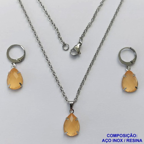 CONJUNTO EM AÇO INOXIDÁVEL - (AÇO03) CONJUNTO COM CORRENTE 50CM E BRINCOS ARGOLAS DE PRESSÃO COM PINGENTES EM RESINAS SALMÃO 10X14MM - COMPOSIÇÃO: AÇO INOXIDÁVEL - AÇO1652
