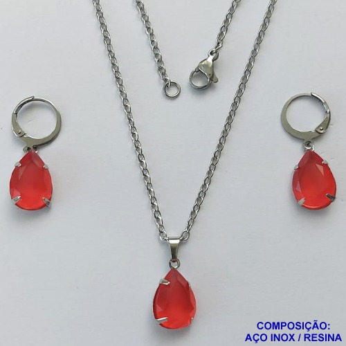 CONJUNTO EM AÇO INOXIDÁVEL - (AÇO03) CONJUNTO COM CORRENTE 50CM E BRINCOS ARGOLAS DE PRESSÃO COM PINGENTES EM RESINAS VERMELHAS 10X14MM - COMPOSIÇÃO: AÇO INOXIDÁVEL - AÇO1654
