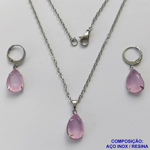 CONJUNTO EM AÇO INOXIDÁVEL - (AÇO03) CONJUNTO COM CORRENTE 50CM E BRINCOS ARGOLAS DE PRESSÃO COM PINGENTES EM RESINAS LILÁS 10X14MM - COMPOSIÇÃO: AÇO INOXIDÁVEL - AÇO1655