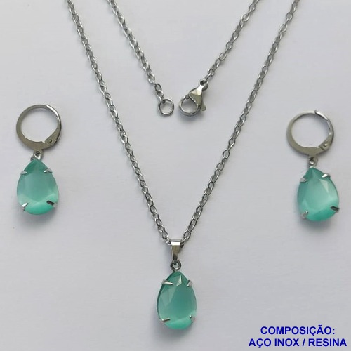 CONJUNTO EM AÇO INOXIDÁVEL - (AÇO03) CONJUNTO COM CORRENTE 50CM E BRINCOS ARGOLAS DE PRESSÃO COM PINGENTES EM RESINA FOSCAS VERDES CLARAS 10X14MM - COMPOSIÇÃO: AÇO INOXIDÁVEL - AÇO1656