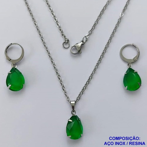 CONJUNTO EM AÇO INOXIDÁVEL - (AÇO03) CONJUNTO COM CORRENTE 50CM E BRINCOS ARGOLAS DE PRESSÃO COM PINGENTES EM RESINAS VERDES ESCUROS 10X14MM - COMPOSIÇÃO: AÇO INOXIDÁVEL - AÇO1648