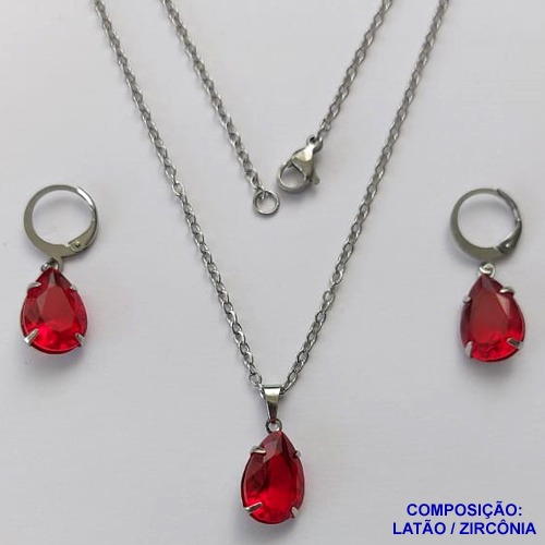 CONJUNTO EM AÇO INOXIDÁVEL - (AÇO03) CONJUNTO COM CORRENTE 50CM E BRINCOS ARGOLAS DE PRESSÃO COM PINGENTES EM ZIRCÔNIAS VERMELHAS 10X14MM - COMPOSIÇÃO: AÇO INOXIDÁVEL - AÇO1657