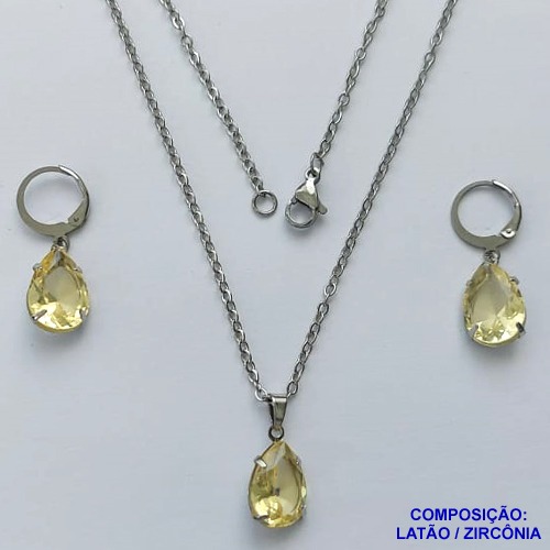 CONJUNTO EM AÇO INOXIDÁVEL - (AÇO03) CONJUNTO COM CORRENTE 50CM E BRINCOS ARGOLAS DE PRESSÃO COM PINGENTES EM ZIRCÔNIAS AMARELA 10X14MM - COMPOSIÇÃO: AÇO INOXIDÁVEL - AÇO1658