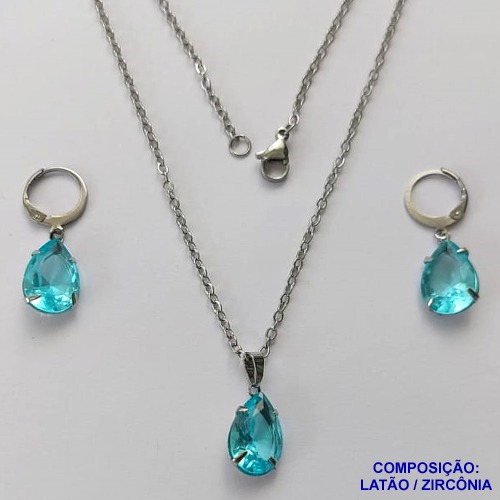 CONJUNTO EM AÇO INOXIDÁVEL - (AÇO03) CONJUNTO COM CORRENTE 50CM E BRINCOS ARGOLAS DE PRESSÃO COM PINGENTES EM ZIRCÔNIAS AZUÍS CLARAS  10X14MM - COMPOSIÇÃO: AÇO INOXIDÁVEL - AÇO1659