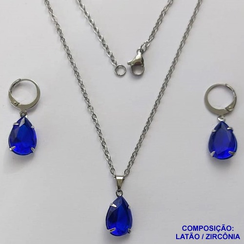 CONJUNTO EM AÇO INOXIDÁVEL - (AÇO03) CONJUNTO COM CORRENTE 50CM E BRINCOS ARGOLAS DE PRESSÃO COM PINGENTES EM ZIRCÔNIAS AZUÍS ESCUROS  10X14MM - COMPOSIÇÃO: AÇO INOXIDÁVEL - AÇO1660