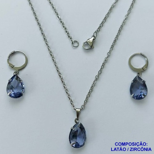 CONJUNTO EM AÇO INOXIDÁVEL - (AÇO03) CONJUNTO COM CORRENTE 50CM E BRINCOS ARGOLAS DE PRESSÃO COM PINGENTES EM ZIRCÔNIAS LILÁS  10X14MM - COMPOSIÇÃO: AÇO INOXIDÁVEL - AÇO1662