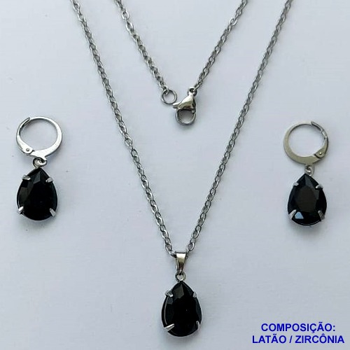 CONJUNTO EM AÇO INOXIDÁVEL - (AÇO03) CONJUNTO COM CORRENTE 50CM E BRINCOS ARGOLAS DE PRESSÃO COM PINGENTES EM ZIRCÔNIAS PRETAS  10X14MM - COMPOSIÇÃO: AÇO INOXIDÁVEL - AÇO1663