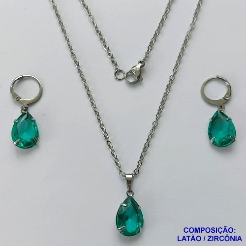CONJUNTO EM AÇO INOXIDÁVEL - (AÇO03) CONJUNTO COM CORRENTE 50CM E BRINCOS ARGOLAS DE PRESSÃO COM PINGENTES EM ZIRCÔNIAS VERDES 10X14MM - COMPOSIÇÃO: AÇO INOXIDÁVEL - AÇO1665
