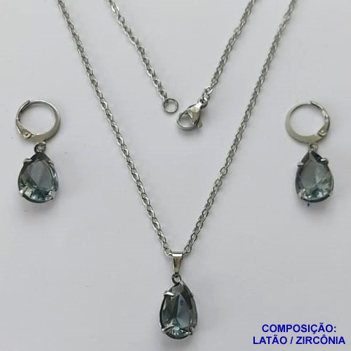 CONJUNTO EM AÇO INOXIDÁVEL - (AÇO03) CONJUNTO COM CORRENTE 50CM E BRINCOS ARGOLAS DE PRESSÃO COM PINGENTES EM ZIRCÔNIAS CINZAS 10X14MM - COMPOSIÇÃO: AÇO INOXIDÁVEL - AÇO1666
