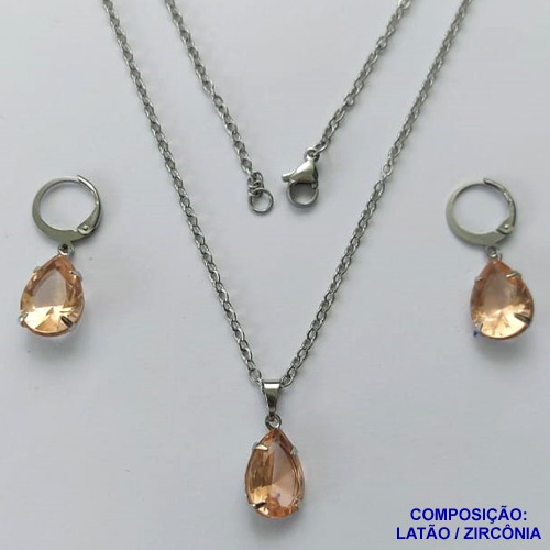CONJUNTO EM AÇO INOXIDÁVEL - (AÇO03) CONJUNTO COM CORRENTE 50CM E BRINCOS ARGOLAS DE PRESSÃO COM PINGENTES EM ZIRCÔNIAS SALMÃO 10X14MM - COMPOSIÇÃO: AÇO INOXIDÁVEL - AÇO1667
