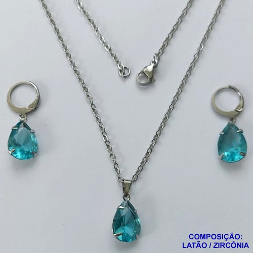 CONJUNTO EM AÇO INOXIDÁVEL - (AÇO03) CONJUNTO COM CORRENTE 50CM E BRINCOS ARGOLAS DE PRESSÃO COM PINGENTES EM ZIRCÔNIAS AZUÍS 10X14MM - COMPOSIÇÃO: AÇO INOXIDÁVEL - AÇO1668