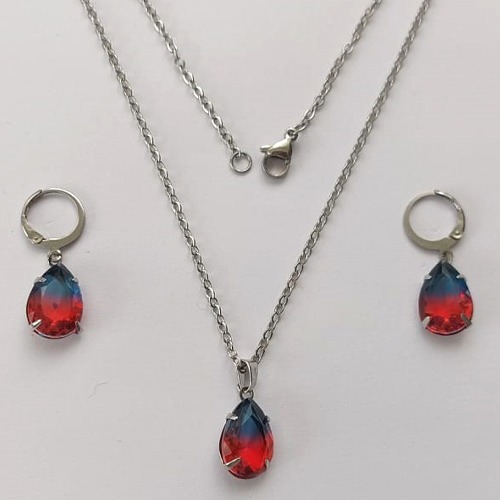 CONJUNTO EM AÇO INOXIDÁVEL - (AÇO03) CONJUNTO COM CORRENTE 50CM E BRINCOS ARGOLAS DE PRESSÃO COM PINGENTES EM ZIRCÔNIAS RAINBOW 10X14MM - COMPOSIÇÃO: AÇO INOXIDÁVEL - AÇO1669
