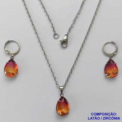 CONJUNTO EM AÇO INOXIDÁVEL - (AÇO03) CONJUNTO COM CORRENTE 50CM E BRINCOS ARGOLAS DE PRESSÃO COM PINGENTES EM ZIRCÔNIAS LARANJA COM ROSA 10X14MM - COMPOSIÇÃO: AÇO INOXIDÁVEL - AÇO1670