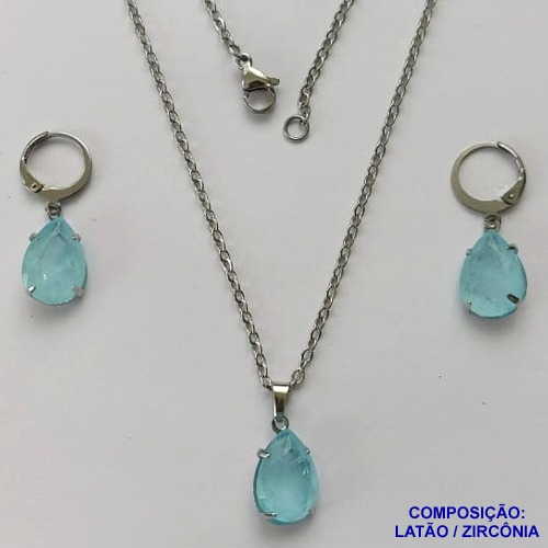 CONJUNTO EM AÇO INOXIDÁVEL - (AÇO03) CONJUNTO COM CORRENTE 50CM E BRINCOS ARGOLAS DE PRESSÃO COM PINGENTES EM ZIRCÔNIAS AZUÍS 10X14MM - COMPOSIÇÃO: AÇO INOXIDÁVEL - AÇO1673