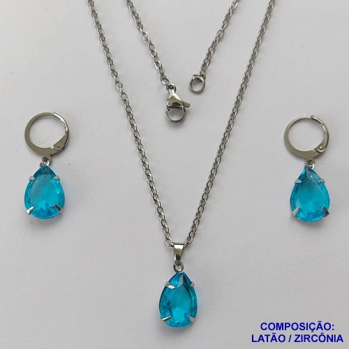 CONJUNTO EM AÇO INOXIDÁVEL - (AÇO03) CONJUNTO COM CORRENTE 50CM E BRINCOS ARGOLAS DE PRESSÃO COM PINGENTES EM ZIRCÔNIAS AZUÍS  10X14MM - COMPOSIÇÃO: AÇO INOXIDÁVEL - AÇO1674