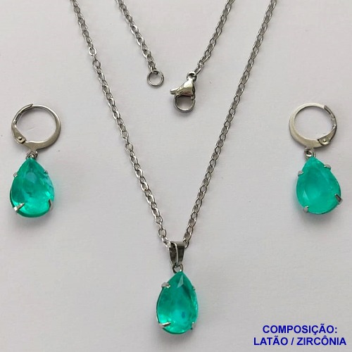 CONJUNTO EM AÇO INOXIDÁVEL - (AÇO03) CONJUNTO COM CORRENTE 50CM E BRINCOS ARGOLAS DE PRESSÃO COM PINGENTES EM ZIRCÔNIAS VERDES 10X14MM - COMPOSIÇÃO: AÇO INOXIDÁVEL - AÇO1675