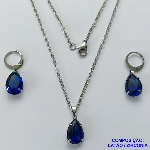 CONJUNTO EM AÇO INOXIDÁVEL - (AÇO03) CONJUNTO COM CORRENTE 50CM E BRINCOS ARGOLAS DE PRESSÃO COM PINGENTES EM ZIRCÔNIAS AZUÍS ESCUROS 10X14MM - COMPOSIÇÃO: AÇO INOXIDÁVEL - AÇO1676