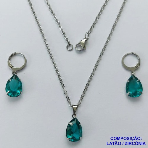 CONJUNTO EM AÇO INOXIDÁVEL - (AÇO03) CONJUNTO COM CORRENTE 50CM E BRINCOS ARGOLAS DE PRESSÃO COM PINGENTES EM ZIRCÔNIAS VERDES ESCUROS 10X14MM - COMPOSIÇÃO: AÇO INOXIDÁVEL - AÇO1677