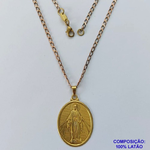 GARGANTILHA NO BRUTO PRONTA PARA O BANHO (CX100) COM CORRENTE DE 50CM COM FECHO LAGOSTA (630)PINGENTE OVAL N.S. DAS GRAÇAS BORDA LISA 30X24MM - PESO TOTAL 5,1GR - BRU13933