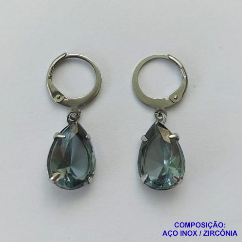 BRINCO EM AÇO INOXIDÁVEL -  BRINCOS ARGOLAS DE PRESSÃO COM PINGENTES EM ZIRCÔNIAS CINZA 10X14MM - COMPOSIÇÃO: AÇO INOXIDÁVEL - AÇO1680