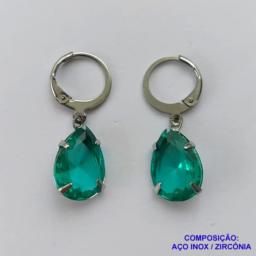 BRINCO EM AÇO INOXIDÁVEL -  BRINCOS ARGOLAS DE PRESSÃO COM PINGENTES EM ZIRCÔNIAS VERDE 10X14MM - COMPOSIÇÃO: AÇO INOXIDÁVEL - AÇO1682
